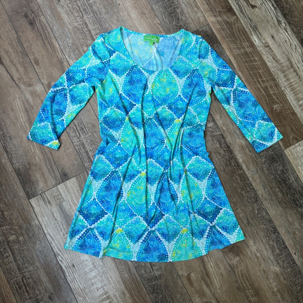 Pappagallo Knit Dress Womens Large Blue Green Paisley 3/4 Sleeve Scoop Neck